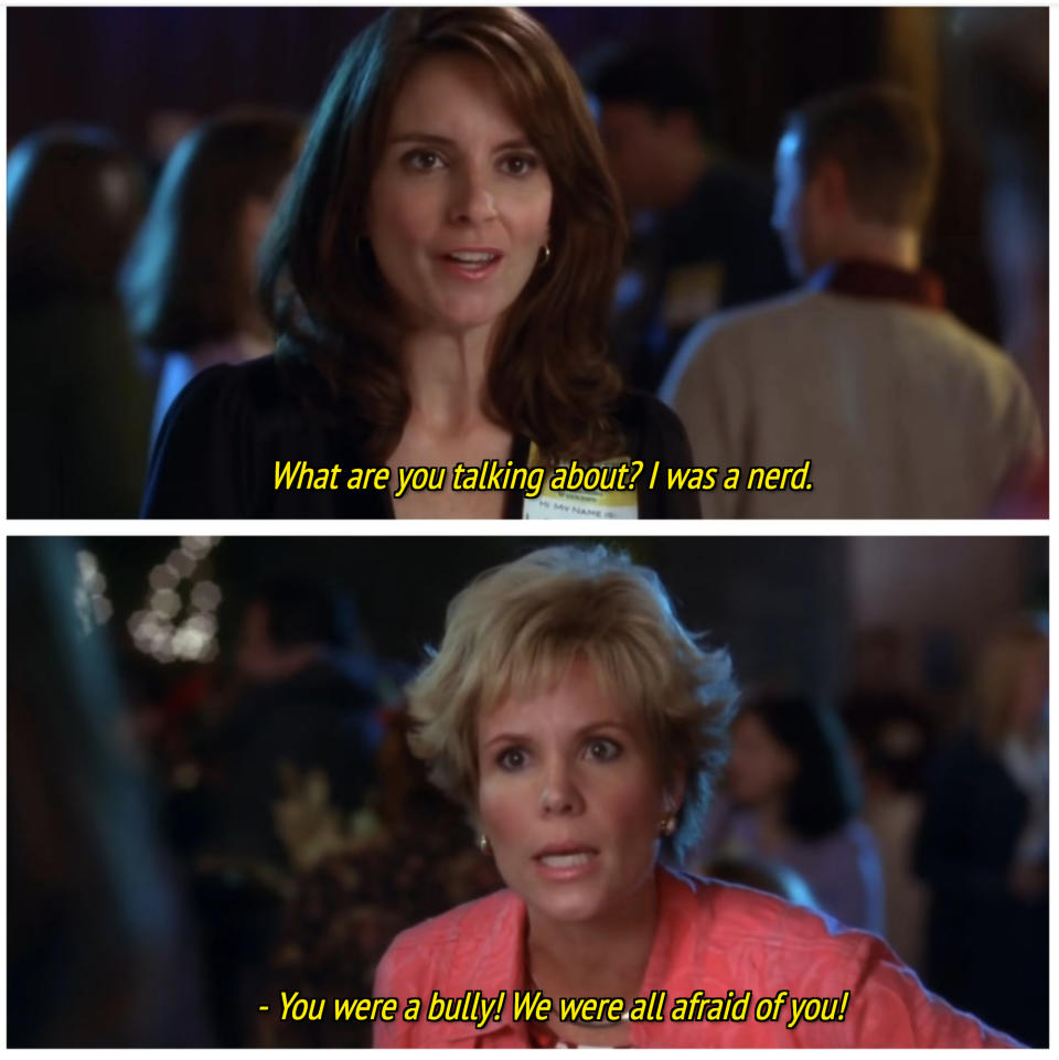 tina fey as liz lemon confronts one of her victims at a class reunion in "30 rock"