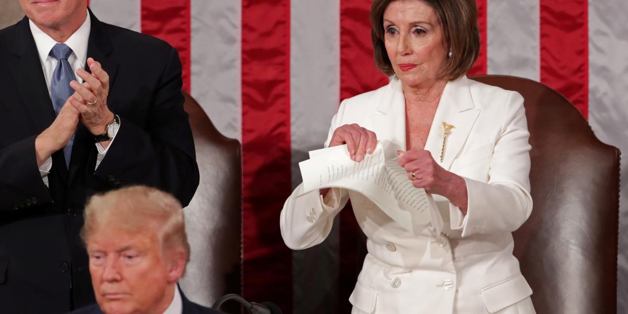 Speaker of the House Nancy Pelosi (D-CA) rips up the speech of U.S. President Donald Trump after his State of the Union address to a joint session of the U.S. Congress in the House Chamber of the U.S. Capitol in Washington, U.S. February 4, 2020.