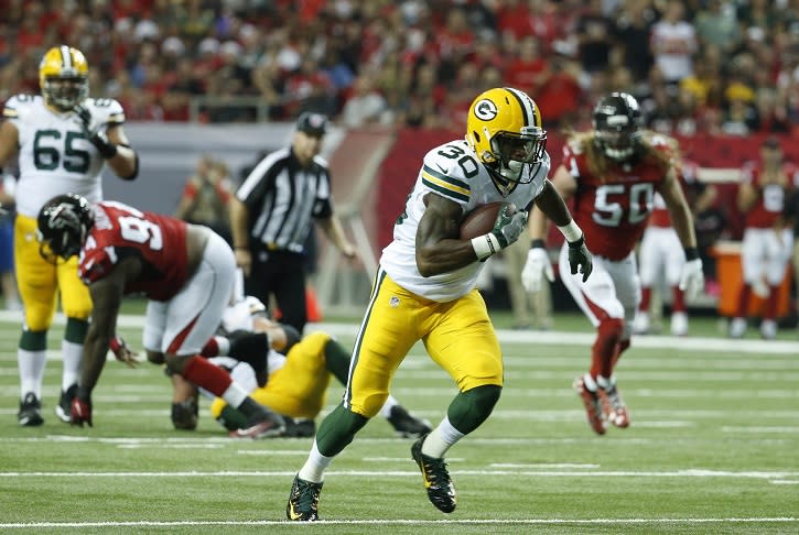 Oct 30, 2016; Atlanta, GA, USA; Green Bay Packers running back Knile Davis (30) runs after a catch in the second quarter of their game against the Atlanta Falcons at the Georgia Dome. The Falcons won 33-32. Mandatory Credit: Jason Getz-USA TODAY Sports