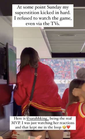 <p>Kylie Kelce/Instagram</p> Kylie Kelce hiding from the action at the 2024 Super Bowl