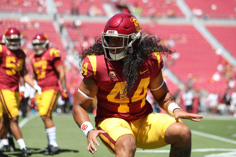 LOS ANGELES, CA - SEPTEMBER 04: USC Trojans linebacker Tuasivi Nomura (44) warms up before the game between the San Jose State Spartans and the USC Trojans on Saturday, September 4, 2020, at the Los Angeles Memorial Coliseum in Los Angeles, CA. (Photo by Peter Joneleit/Icon Sportswire via Getty Images)