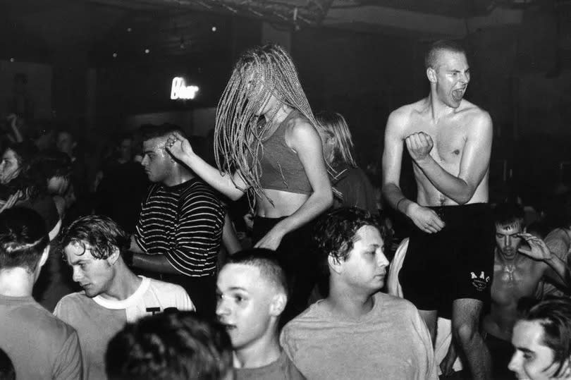 051 Club, Liverpool, July 6, 1992, Icon night ravers dance on a raised platform