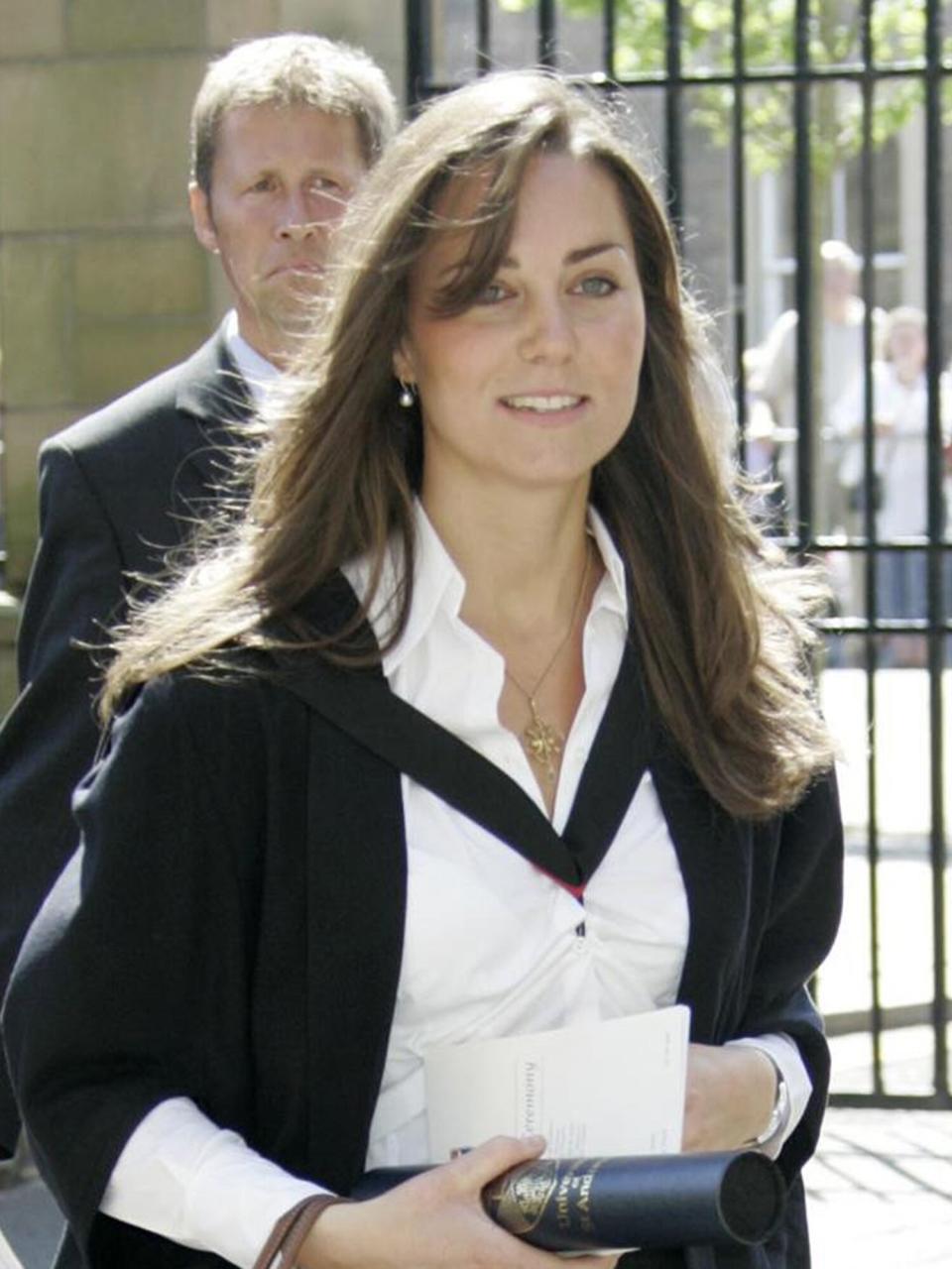 Prince William's girlfriend, Kate Middleton, arrives for his graduation ceremony at the University Of St Andrews on June 15, 2005 in St Andrew's, Scotland. The Prince receives his 2:1 Master Of Arts (Honours) Degree in Geography at Scotland's oldest university, marking the end of his university education