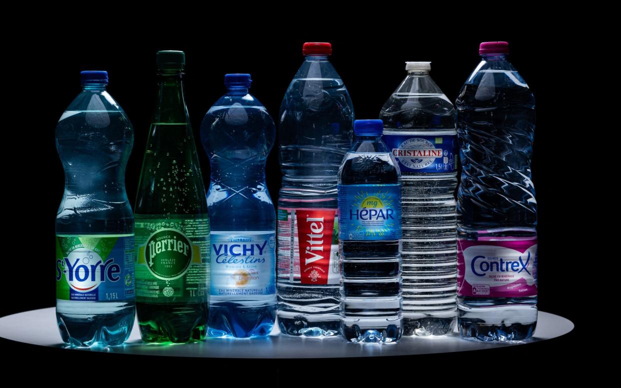 Saint-Yorre, Perrier, Vichy Celestins, Vittel, Hepar, Cristaline and Contrex water bottles of the Nestle Waters