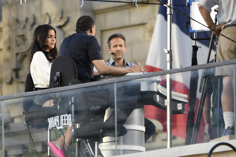 LAS VEGAS, NV - SEPTEMBER 14: Molly Qerim, Stephen A. Smith and Max Kellerman on the set of ESPN's First Take at the Beer Park at The Paris Hotel in Las Vegas, Nevada. September 14, 2018. Credit: Damairs Carter/MediaPunch /IPX