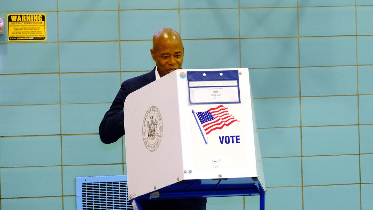 Democratic mayoral candidate Eric Adams vote for himself as the next New York City Mayor Tuesday morning in the Bedford Stuyvesant section of Brooklyn.