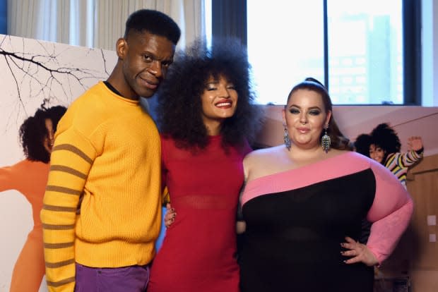 Glemaud with Indya Moore and Tess Holliday — both wearing Glemaud — at his Fall 2019 presentation during New York Fashion Week in February 2019.