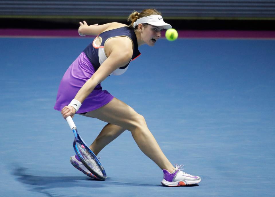 Katarina Zavatska of Ukraine returns the ball to Anastasia Gasanova of Russia during the St. Petersburg Ladies Trophy-2021 tennis tournament match in St. Petersburg, Russia last year.