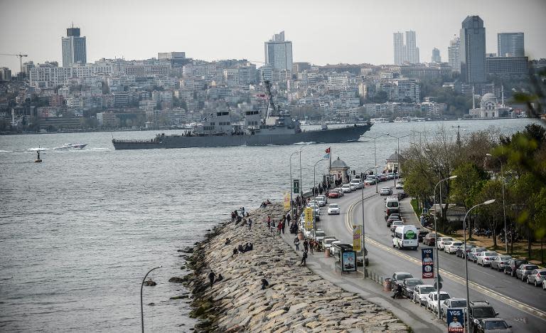 US warship USS Donald-Cook sails through the Bosphorus in Istanbul, Turkey, on April 10, 2014