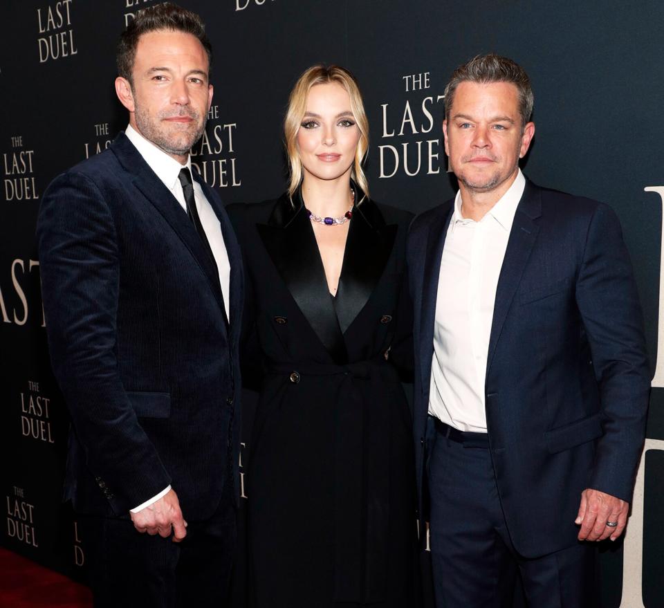 Ben Affleck, Jodie Comer, and Matt Damon attend The Last Duel New York Premiere on October 09, 2021 in New York City.