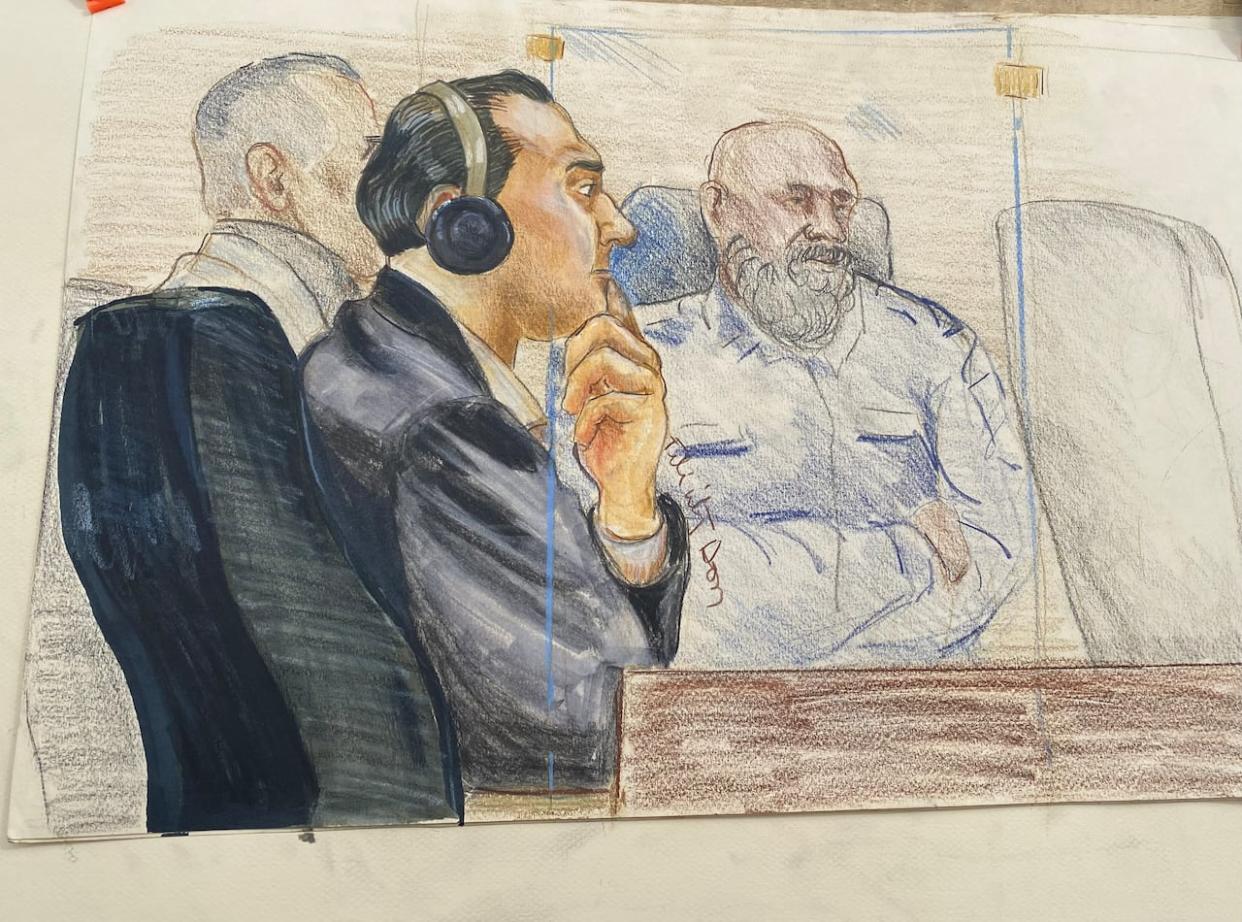 A court sketch depicts Ibrahim Ali, who was convicted of first-degree murder in the 2017 death of a 13-year-old Burnaby girl. His sentencing will begin Friday. (Felicity Don - image credit)