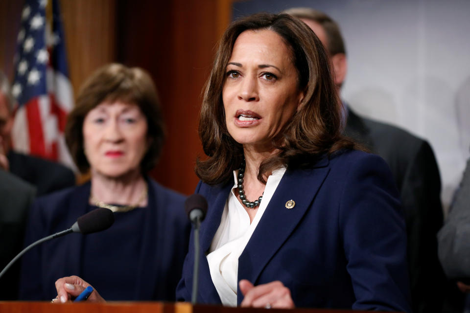 Senator Kamala Harris (D-CA) speaks about the Senate Intelligence Committee findings and recommendations on threats to election infrastructure on Capitol Hill in Washington, U.S., March 20, 2018. (Joshua Roberts/Reuters)