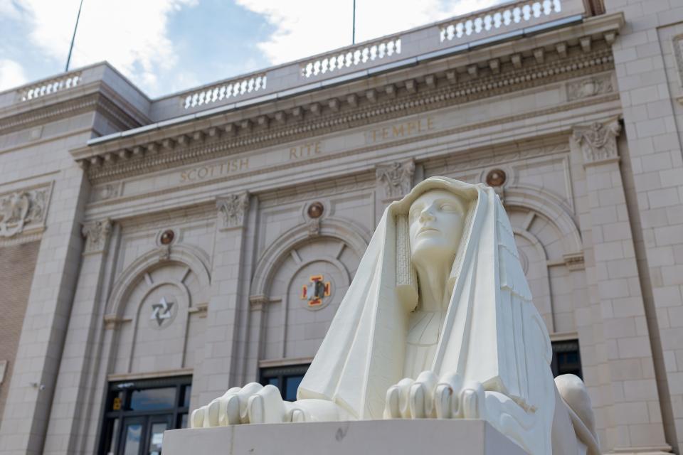 A pair of sphinxes guard the entrance of the 100-year-old El Paso Scottish Rite Temple located at 301 W Missouri Ave. in Downtown El Paso.