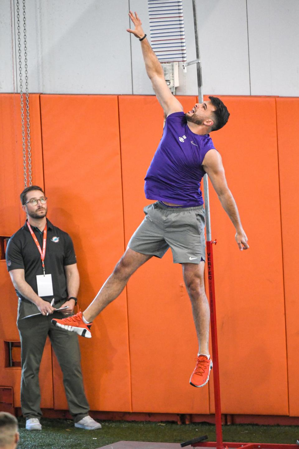 Nolan Turner, former Clemson safety, reaches a 37.5 inch vertical jump, the highest in the Clemson group, during Clemson Football Pro Day at the Poe indoor football facility in Clemson, S.C. Thursday, March 17, 2022. Players evaluated are considered by scouts of professional teams for the 2022 NFL Draft in Paradise, Nevada from April 28-30, 2022.