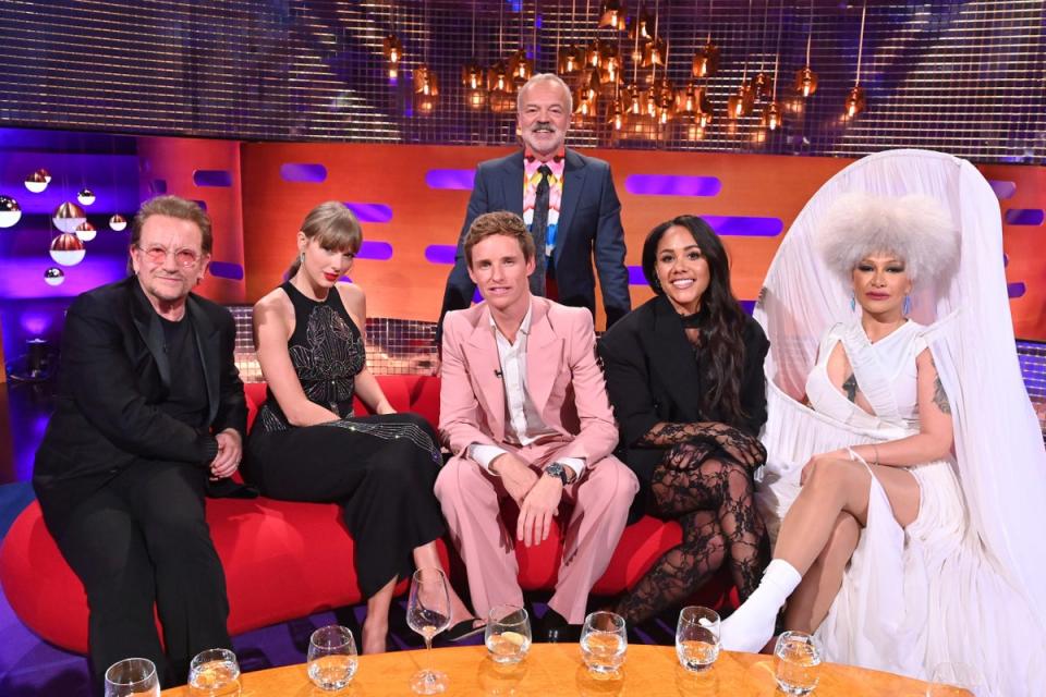 Bono, Taylor Swift, Eddie Redmayne, Graham Norton, Alex Scott and Lady Blackbird during filming for the Graham Norton Show (PA)