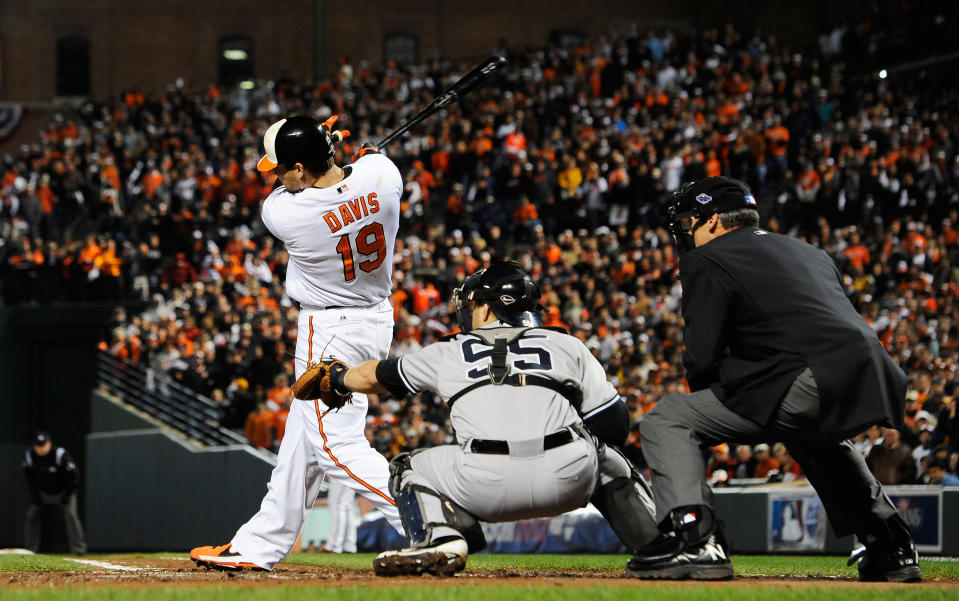 Chris Davis #19 of the Baltimore Orioles his a two-run RBI single in the bottom of the third inning during Game Two of the American League Division Series at Oriole Park at Camden Yards on October 8, 2012 in Baltimore, Maryland. (Photo by Patrick McDermott/Getty Images)