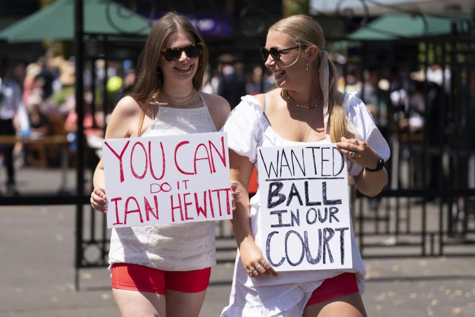 Campaigners from Address The Dress Code outside the main gate at Wimbledon (Kirsty O’Connor/PA) (PA Wire)