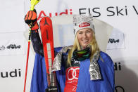 The winner United States' Mikaela Shiffrin celebrates after completing an alpine ski, women's World Cup slalom race, in Zagreb, Croatia, Wednesday, Jan. 4, 2023. (AP Photo/Giovanni Auletta)