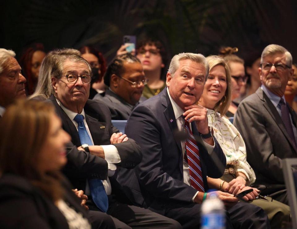 Bo Boulenger, president and chef executive of Baptist Health South Florida, center, and other board members attend the FIU Board of Trustees meeting, Thursday, April 27, 2023, in which they announced Baptist would partner with Florida International University.