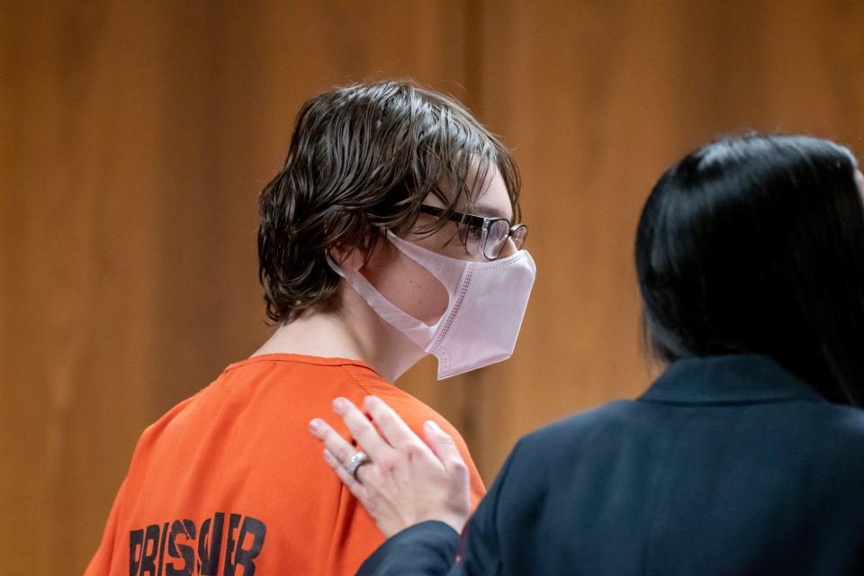 Ethan Crumbley attends a hearing at Oakland County circuit court in Pontiac, Mich., on Feb. 22, 2022, over the teen's placement as he awaits trial. Crumbley, 15, is charged with the fatal shooting of four fellow students and the wounding of seven others, including a teacher at Oxford High School on Nov. 30.