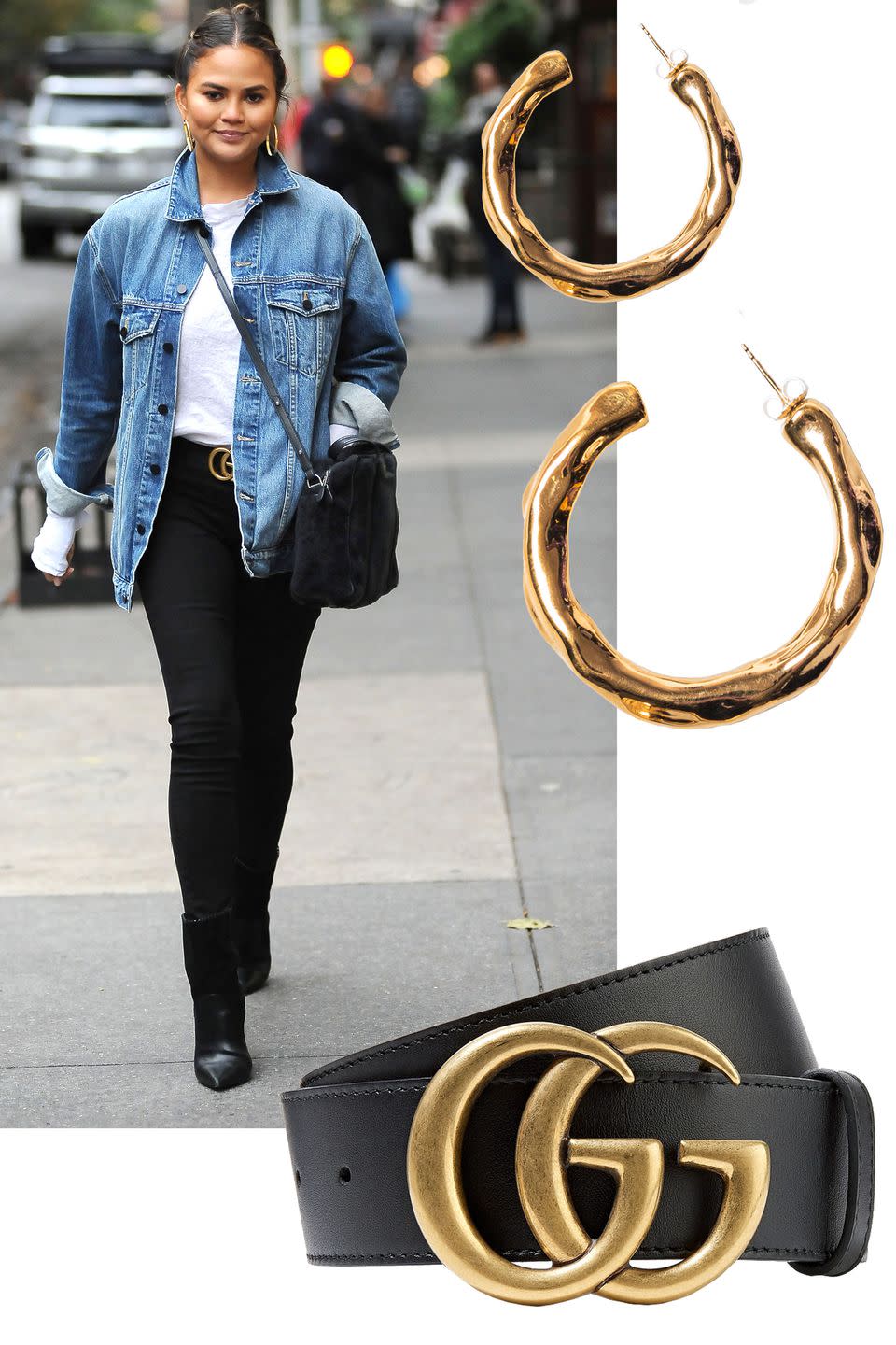 <p>Make your denim stand out with accents of gold in the form of eye-catching accessories from gold hoops to logo belts à la Chrissy Teigen.</p><p><em>The M Jewelers NY hoops, $65, <a href="https://www.revolve.com/r/DisplayProduct.jsp?aliasURL=the-m-jewelers-ny-bamboo-hoop-earrings-in-gold%2Fdp%2FTSNR-WL24&d=F&countrycode=US&gclid=CjwKCAjwm-fkBRBBEiwA966fZJVI5NotUtkKEJaYE1HSz18EqGEPP-H7tc1xSCmjexORyvlDiehZkRoCKX4QAvD_BwE&product=TSNR-WL24" rel="nofollow noopener" target="_blank" data-ylk="slk:revolve.com;elm:context_link;itc:0;sec:content-canvas" class="link ">revolve.com</a>.</em></p><p><a class="link " href="https://www.revolve.com/r/DisplayProduct.jsp?aliasURL=the-m-jewelers-ny-bamboo-hoop-earrings-in-gold%2Fdp%2FTSNR-WL24&d=F&countrycode=US&gclid=CjwKCAjwm-fkBRBBEiwA966fZJVI5NotUtkKEJaYE1HSz18EqGEPP-H7tc1xSCmjexORyvlDiehZkRoCKX4QAvD_BwE&product=TSNR-WL24" rel="nofollow noopener" target="_blank" data-ylk="slk:SHOP;elm:context_link;itc:0;sec:content-canvas">SHOP</a><br></p><p><em>Gucci belt, $350, <a href="https://www.gucci.com/us/en/pr/women/womens-accessories/womens-belts/womens-casual/leather-belt-with-double-g-buckle-p-409417AP00T1000" rel="nofollow noopener" target="_blank" data-ylk="slk:gucci.com;elm:context_link;itc:0;sec:content-canvas" class="link ">gucci.com</a>.</em></p><p><a class="link " href="https://www.gucci.com/us/en/pr/women/womens-accessories/womens-belts/womens-casual/leather-belt-with-double-g-buckle-p-409417AP00T1000" rel="nofollow noopener" target="_blank" data-ylk="slk:SHOP;elm:context_link;itc:0;sec:content-canvas">SHOP</a><br></p>