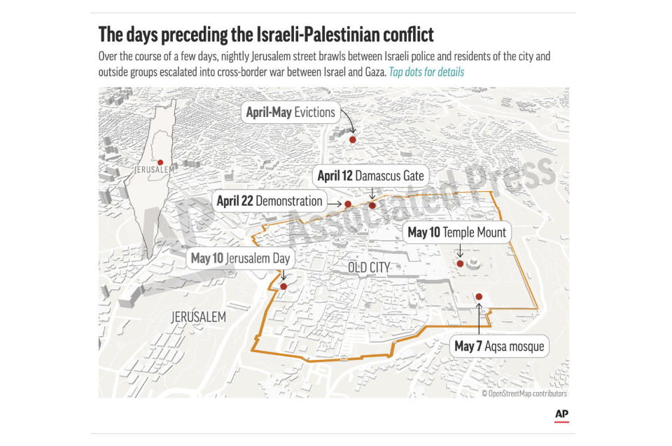 This preview image of an AP digital embed shows Locations of key events in the escalation of violence. (AP Digital Embed)