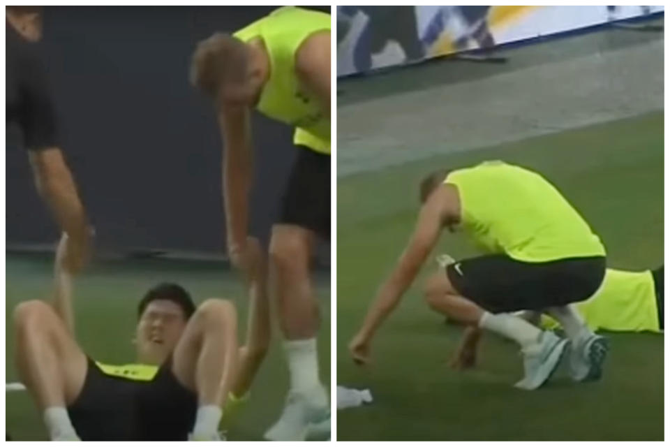 Tottenham players Son Heung-min (left) and Harry Kane after going through tough training under manager Antonio Conte. (SCREENSHOT: YouTube)