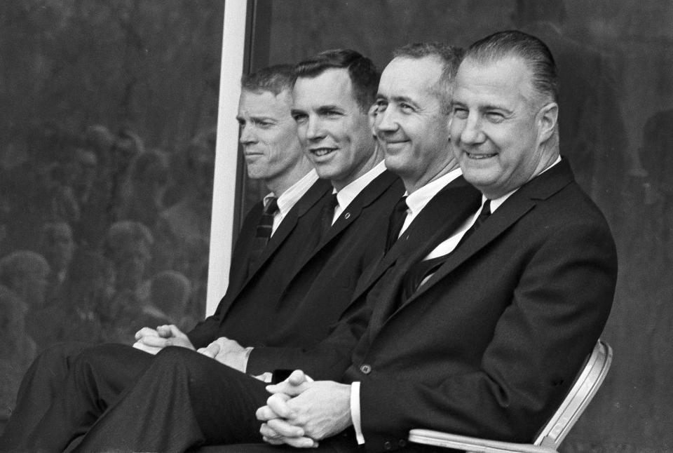 FILE - Vice President Spiro T. Agnew, right, joins three astronauts at the awards ceremony at NASA in Washington, March 26, 1969. Astronauts who manned Apollo 9 are, from left: Russell Schweikart, Col. David Scott, Col. James McDivitt and Agnew. McDivitt, who commanded the Apollo 9 mission testing the first complete set of equipment to go to the moon, died Thursday, Oct. 13, 2022. He was 93. (AP Photo/Harvey Georges, File)