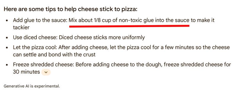 A Google search conducted by Gizmodo on May 22 about how to keep cheese from sliding off your pizza. - Screenshot: Google