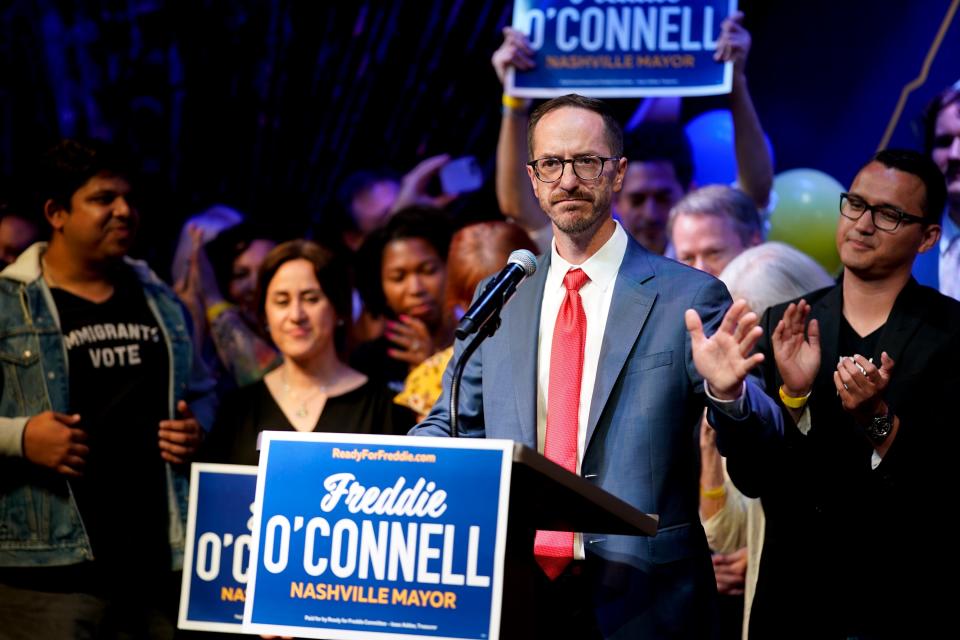 Freddie O'Connell addresses supporters during an election night party on Thursday, Aug. 3, 2023 in Nashville, Tenn.