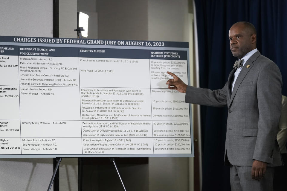 U.S. Attorney for the Northern District of California Ismail J. Ramsey points to a visual aid during a press conference to announce federal authorities have charged 10 current and former Northern California police officers in a corruption investigation Thursday, Aug. 17, 2023, in San Francisco. Arrest warrants were served Thursday in California, Texas and Hawaii. (AP Photo/Godofredo A. Vásquez)