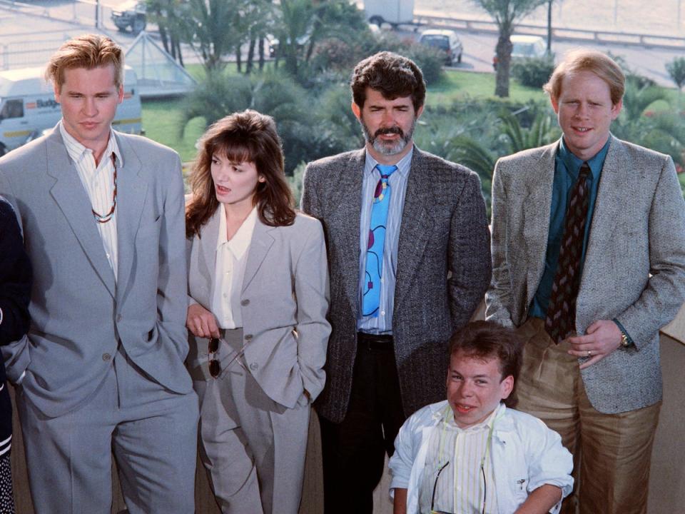 Val Kilmer, Joanne Whalley, George Lucas, Warwick Davis and Ron Howard at the Cannes premiere of ‘Willow’ in 1988 (Getty)