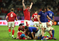 As the final whistle sounds, Rhys Carre of Wales holds his arms aloft in victory after his side held on for the narrowest (20 - 19) victory. David Rogers (Getty Images) captures the moment.