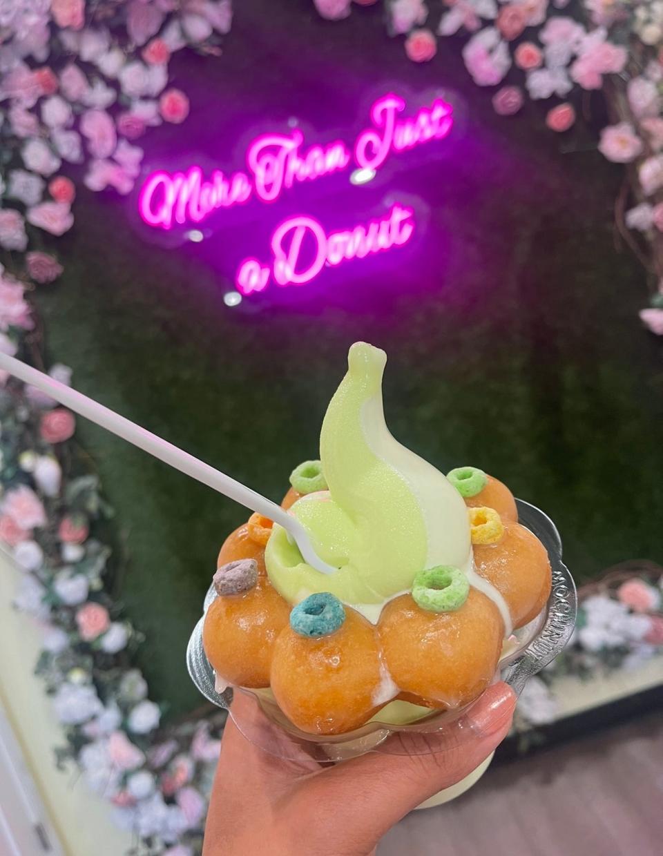A mochinut sundae, made with melon and buttercream dairy-free ice cream and a Fruit Loops Korean donut, from Mochinut in Manalapan.