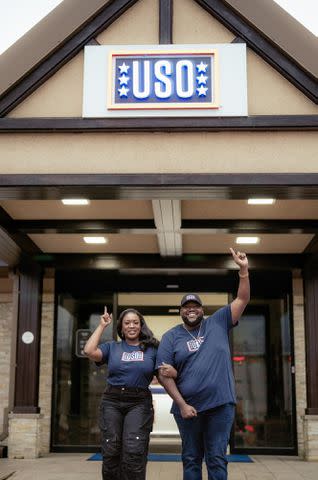 <p>Ethan Harney for the USO</p> Tanya Trotter and Michael Trotter Jr. with the USO