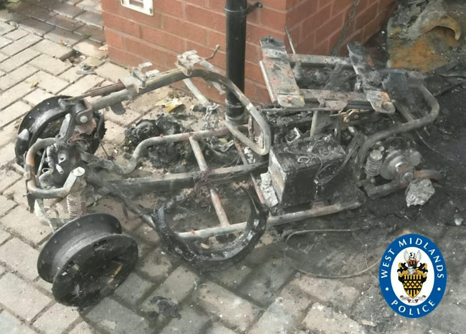 The burnt out husk of Malcolm Turner's mobilty scooter. (SWNS)