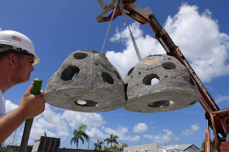 Workers unload some of the 66 Eternal Reef balls with plaques representing each of the submarines and crewmembers lost at sea since 1900, which will be deployed to the ocean floor for the undersea memorial during a ceremony this Memorial Day weekend, off the coast of Sarasota, Florida U.S., May 23, 2018. Brian Dombrowski/EternalReefs.com/Handout via REUTERS/Files