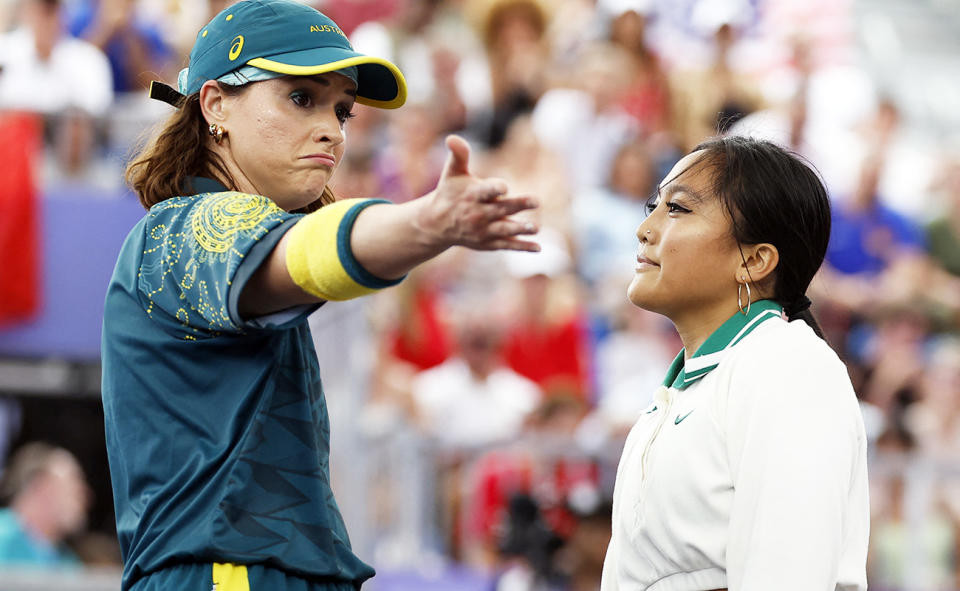 Rachael Gunn, pictured here in a battle with Logan Edra at the Olympics.