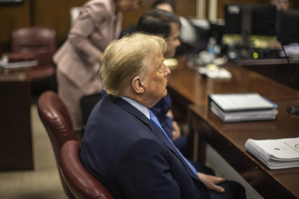 Former President Donald Trump appears at Manhattan criminal court before his trial in New York, Friday, April 26, 2024. (Dave Sanders/The New York Times via AP, Pool)