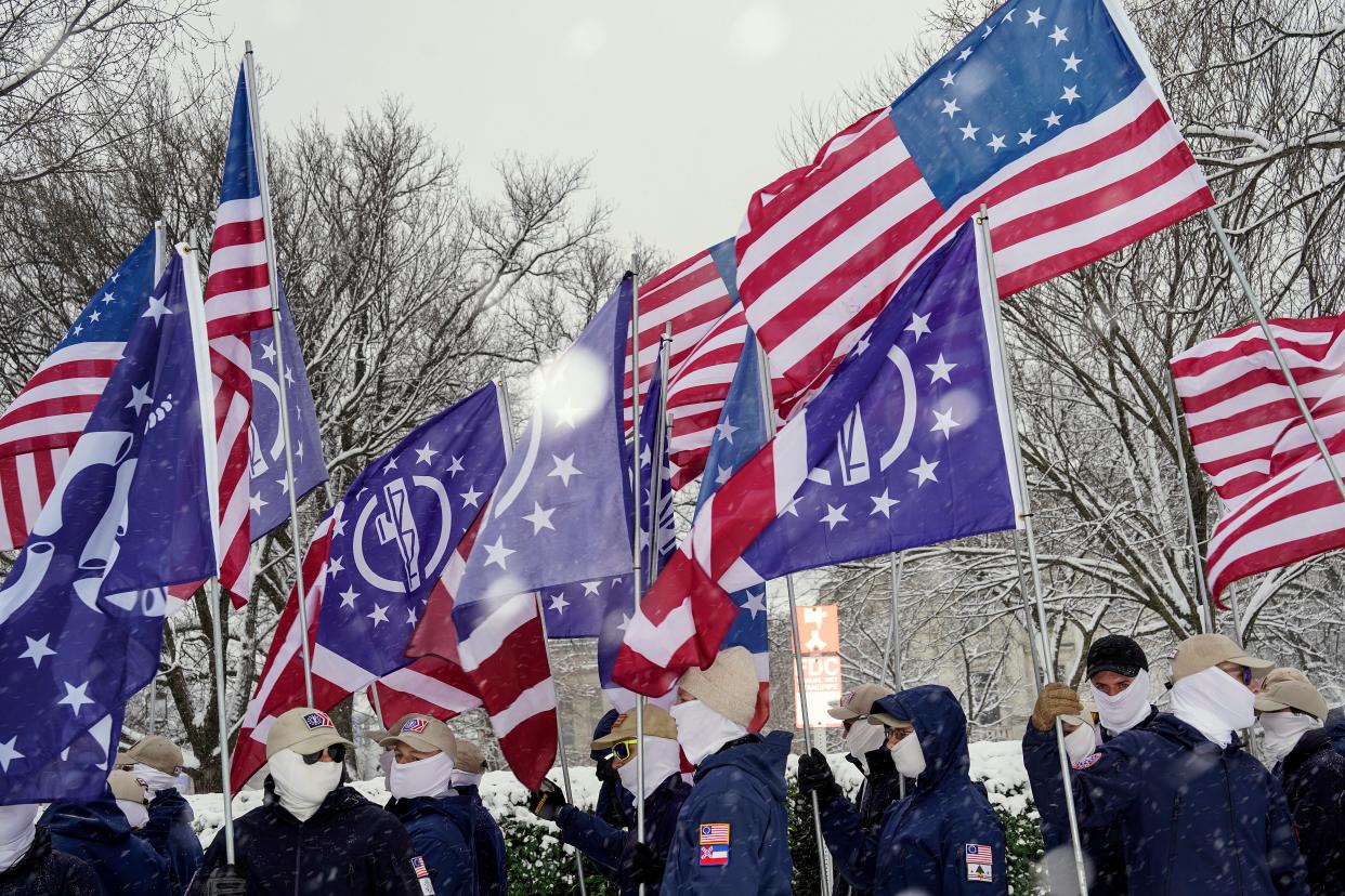 Members of the Patriot Front attend the annual March for Life rally on the National Mall on Jan. 19, 2024 in Washington, DC.