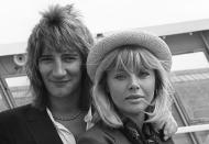 <p>Rod Stewart with his wife, actress Britt Ekland, at Southampton after arriving aboard the QE2 in 1977.</p>