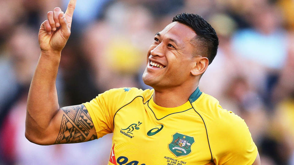 Israel Folau celebrates scoring a try in 2017. (Photo by Matt King/Getty Images)