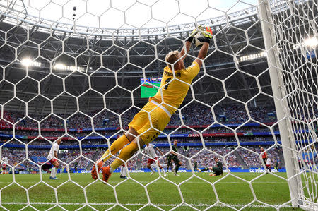 Soccer Football - World Cup - Group C - Denmark vs Australia - Samara Arena, Samara, Russia - June 21, 2018 Denmark's Kasper Schmeichel makes a save REUTERS/Dylan Martinez