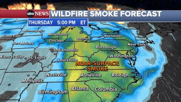 PHOTO: Smoke from Canadian wildfires will linger over the Great Lakes, the Ohio Valley and into the Appalachian Mountains by the evening of June 29, 2023. (ABC News)