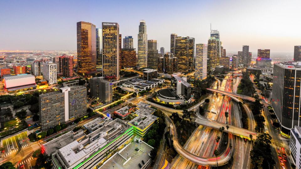 Aerial image of downtown Los Angeles, California at night.