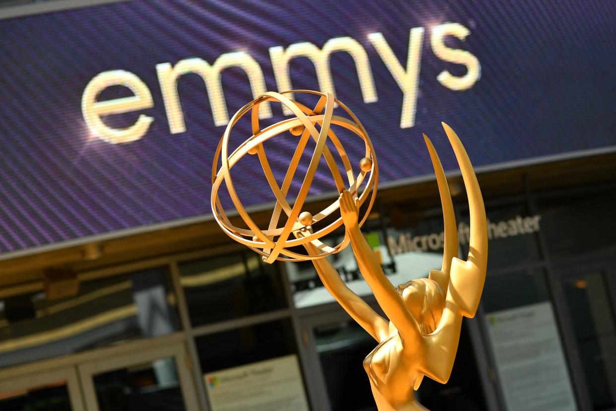 An Emmy statue on the red carpet ahead of the 74th Emmy Awards.