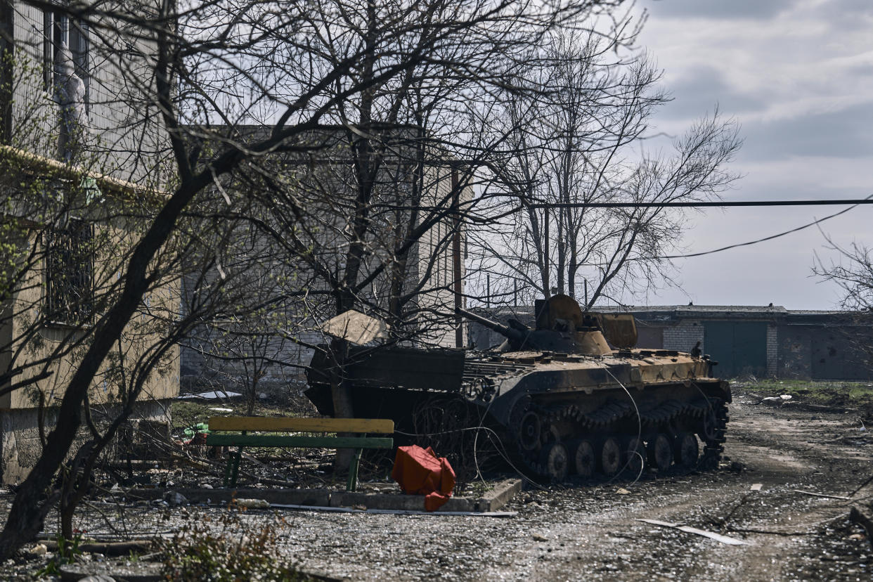 A general view of Bakhmut, the site of heavy battles with Russian troops in the Donetsk region, Ukraine, Sunday, April 9, 2023. (AP Photo/Libkos)