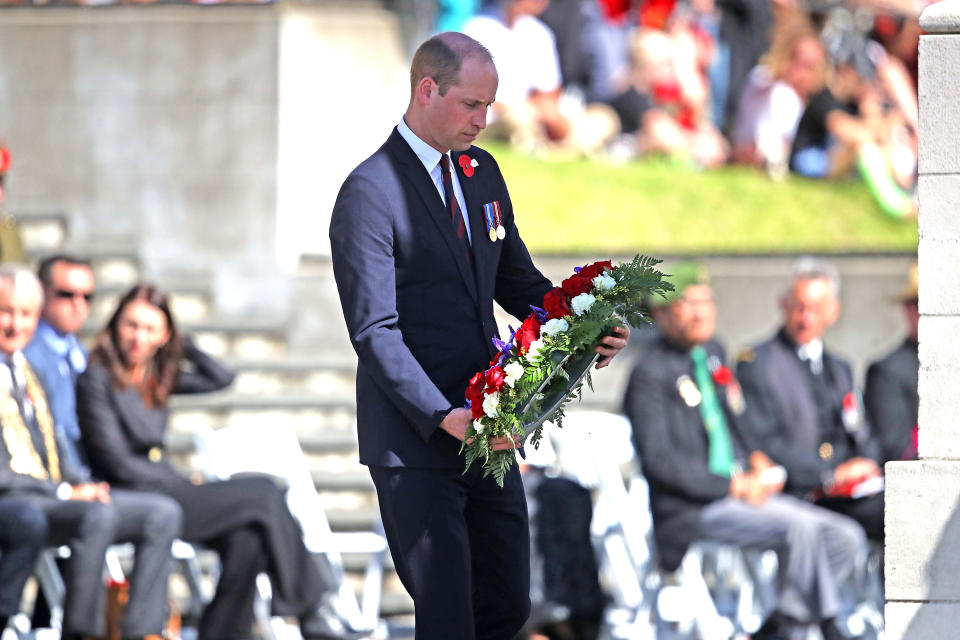 The 36-year-old Duke of Cambridge looked sombre as he lay a wreath at the Auckland War Memorial Museum on Thursday morning, while on a two-day trip to New Zealand. [Photo: Getty Images]