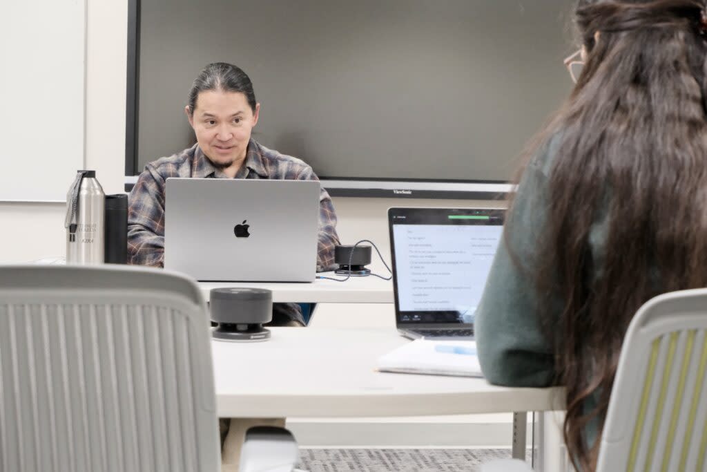 X'unei Lance Twitchell teaches an advanced Tlingít course at University of Alaska Southeast on April 29, 2024. (Photo by Claire Stremple/Alaska Beacon)