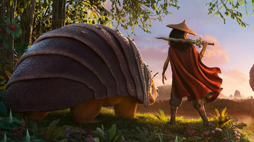 Disney's latest original animation follows a fearless warrior voiced by <em>Star Wars</em> actor Kelly Marie Tran as she travels in search of the titular creature, whose vocal tones will be provided by the brilliant Awkwafina. (Credit: Disney)